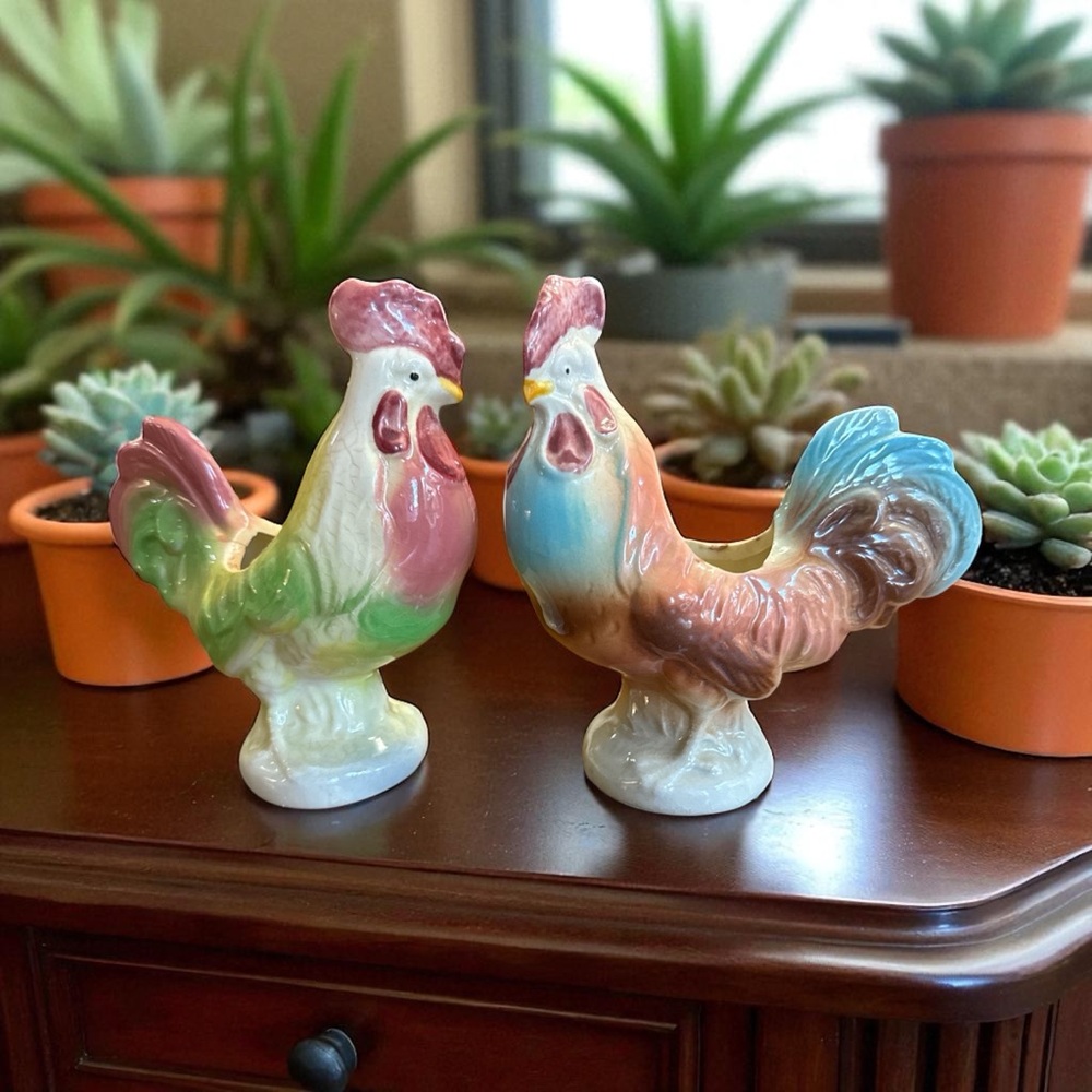Vintage Royal Copley Ceramic Rooster Planter Figurine Set Mid Century